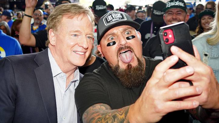 Apr 28, 2022; Las Vegas, NV, USA; NFL commissioner Roger Goodell poses for a photo with a Las Vegas