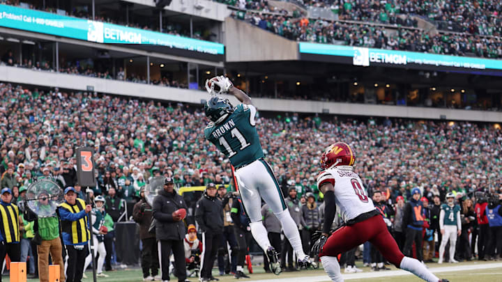 Jan 26, 2025; Philadelphia, PA, USA; Philadelphia Eagles wide receiver A.J. Brown (11) makes a catch for a touchdown against the Washington Commanders during the first half in the NFC Championship game at Lincoln Financial Field. Mandatory Credit: Bill Streicher-Imagn Images