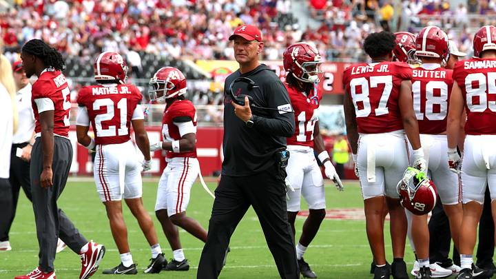 Sep 5, 2026; Tuscaloosa, Alabama, USA; Alabama Crimson Tide head coach Kalen DeBoer walks back to the sidelines during the second quarter against the East Carolina Pirates at Saban Field at Bryant-Denny Stadium. Mandatory Credit: David Leong-Imagn Images Sep 5, 2026; Tuscaloosa, Alabama, USA; Alabama Crimson Tide head coach Kalen DeBoer walks back to the sidelines during the second quarter against the East Carolina Pirates at Saban Field at Bryant-Denny Stadium. Mandatory Credit: David Leong-Imagn Images