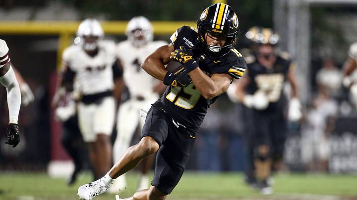 Sep 26, 2026; Starkville, Mississippi, USA; Missouri Tigers wide receiver Cayden Lee (19) runs after a catch during the fourth quarter against the Mississippi State Bulldogs at Davis Wade Stadium at Scott Field. Mandatory Credit: Petre Thomas-Imagn Images