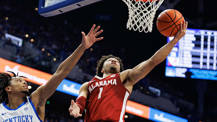 Feb 24, 2024; Lexington, Kentucky, USA; Alabama Crimson Tide guard Mark Sears (1) goes to the basket during the first half against the Kentucky Wildcats at Rupp Arena at Central Bank Center. Mandatory Credit: Jordan Prather-Imagn Images