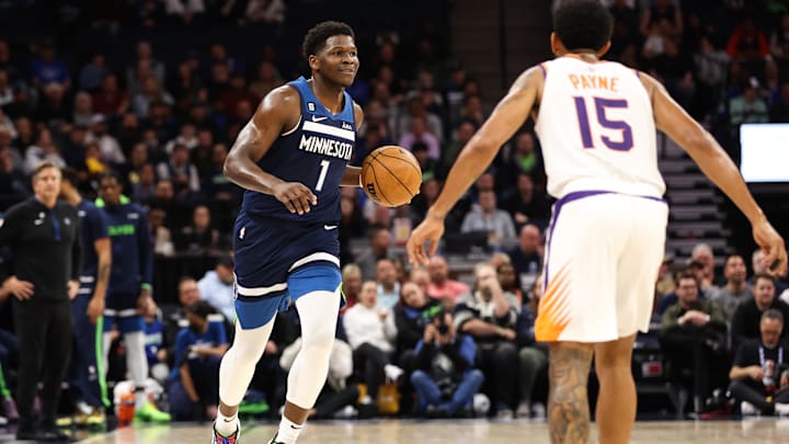 Nov 9, 2022; Minneapolis, Minnesota, USA; Minnesota Timberwolves guard Anthony Edwards (1) dribbles