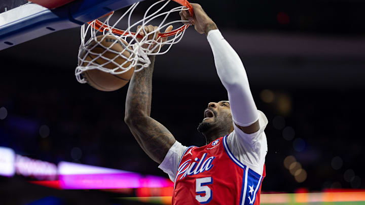 Dec 13, 2024; Philadelphia, Pennsylvania, USA; Philadelphia 76ers center Andre Drummond (5) dunks the ball against the Indiana Pacers during the third quarter at Wells Fargo Center. Mandatory Credit: Bill Streicher-Imagn Images