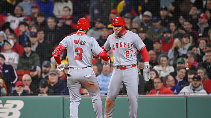 Apr 12, 2024; Boston, Massachusetts, USA; Los Angeles Angels left fielder Taylor Ward (3) celebrates his two run home run against the Boston Red Sox  with center fielder Mike Trout (27) during the sixth inning at Fenway Park. Mandatory Credit: Eric Canha-Imagn Images