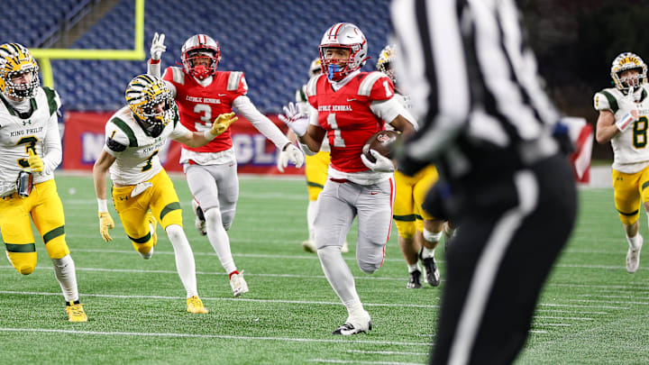 Catholic Memorial's Mekhi Dodd runs the ball during a game against King Philip in the Division 2 Super Bowl at Gillette Stadium on Thursday, Dec. 5, 2024.
