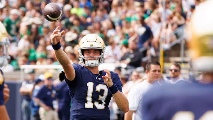 Notre Dame quarterback CJ Carr (13) warms up before a NCAA football game against Purdue at Notre Dame Stadium on Saturday, Sept. 20, 2025, in South Bend. Notre Dame quarterback CJ Carr (13) warms up before a NCAA football game against Purdue at Notre Dame Stadium on Saturday, Sept. 20, 2025, in South Bend.