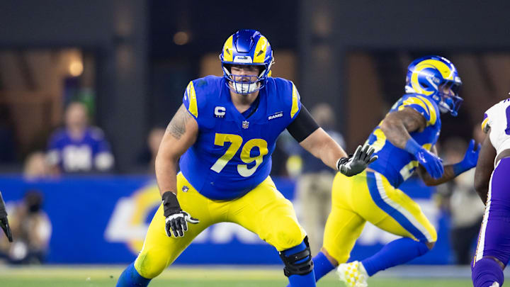 Jan 13, 2025; Glendale, AZ, USA; Los Angeles Rams offensive tackle Rob Havenstein (79) against the Minnesota Vikings during an NFC wild card game at State Farm Stadium. Mandatory Credit: Mark J. Rebilas-Imagn Images