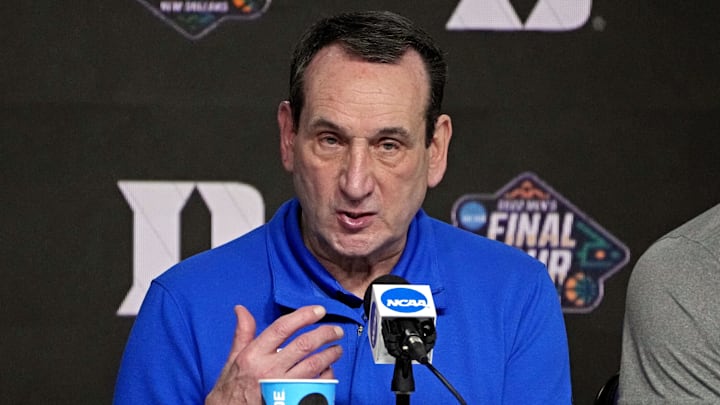 Apr 2, 2022; New Orleans, LA, USA; Duke Blue Devils head coach Mike Krzyzewski speaks in a press conference after the game against the North Carolina Tar Heels in the 2022 NCAA men's basketball tournament Final Four semifinals at Caesars Superdome. Mandatory Credit: Robert Deutsch-Imagn Images
