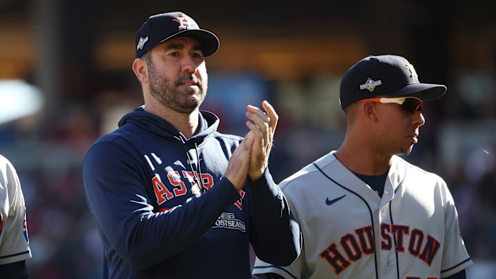 Oct 10, 2023; Minneapolis, Minnesota, USA; Houston Astros pitcher Justin Verlander (35) before the