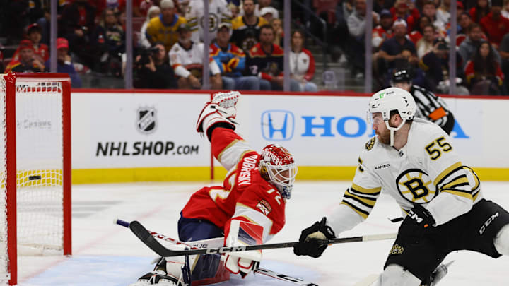 May 6, 2024; Sunrise, Florida, USA; Boston Bruins right wing Justin Brazeau (55) scores against
