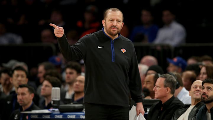 New York Knicks head coach Tom Thibodeau coaches against the San Antonio Spurs. Mandatory Credit: Brad Penner-Imagn Images