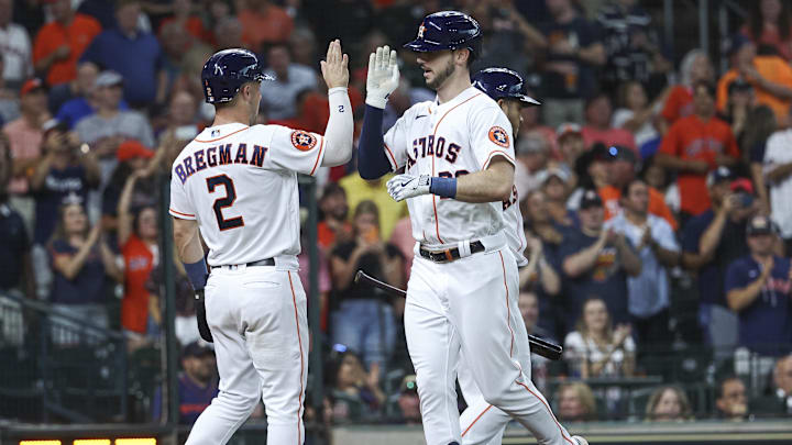 Aug 22, 2023; Houston, Texas, USA; Houston Astros right fielder Kyle Tucker (30) celebrates with third baseman Alex Bregman (2). Aug 22, 2023; Houston, Texas, USA; Houston Astros right fielder Kyle Tucker (30) celebrates with third baseman Alex Bregman (2).