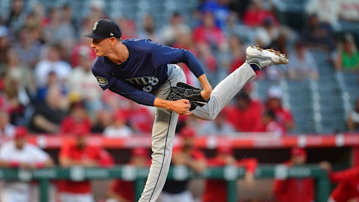 Seattle Mariners pitcher George Kirby (68) throws against the Los Angeles Angels during the first inning at Angel Stadium in 2024. Seattle Mariners pitcher George Kirby (68) throws against the Los Angeles Angels during the first inning at Angel Stadium in 2024.