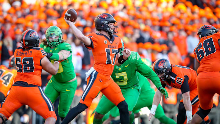 Oregon quarterback Ben Gulbranson throws out a pass as the No. 9 Oregon Ducks take on the No. 21 Oregon State Beavers at Reser Stadium in Corvallis, Ore. Saturday, Nov. 26, 2022.

Ncaa Football Uo Vs Osu Rivalry Game University Of Oregon At Oregon State