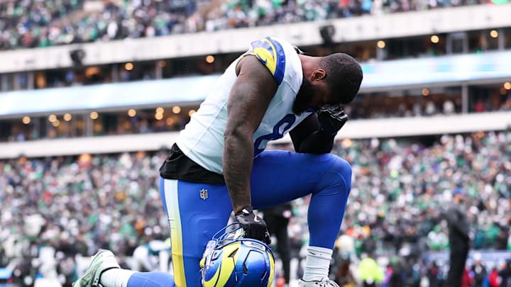 Jan 19, 2025; Philadelphia, Pennsylvania, USA; Los Angeles Rams linebacker Jared Verse (8) before action against the Philadelphia Eagles in a 2025 NFC divisional round game at Lincoln Financial Field. Mandatory Credit: Bill Streicher-Imagn Images