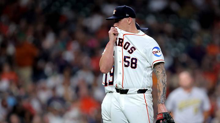Aug 22, 2026; Houston, Texas, USA; Houston Astros pitcher Hunter Brown (58) reacts after being relieved from the game against the Athletics during the sixth inning at Daikin Park. Mandatory Credit: Erik Williams-Imagn Images Aug 22, 2026; Houston, Texas, USA; Houston Astros pitcher Hunter Brown (58) reacts after being relieved from the game against the Athletics during the sixth inning at Daikin Park. Mandatory Credit: Erik Williams-Imagn Images