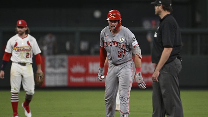 Sep 15, 2025; St. Louis, Missouri, USA; Cincinnati Reds catcher Tyler Stephenson (37) celebrates after hitting a three-run double against the St. Louis Cardinals in the ninth inning at Busch Stadium. Mandatory Credit: Joe Puetz-Imagn Images