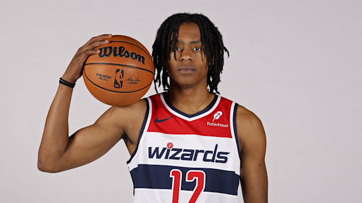 Sep 29, 2025; Washington, DC, USA; Washington Wizards guard Tre Johnson (12) poses for a portrait during Wizards Media Day at CareFirst Arena.  Mandatory Credit: Geoff Burke-Imagn Images