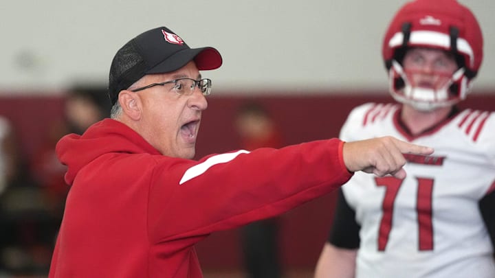 Louisville’s Dale Williams, Offensive Line coach, told players what to do during football practice at the Trager Center.
March 17, 2026