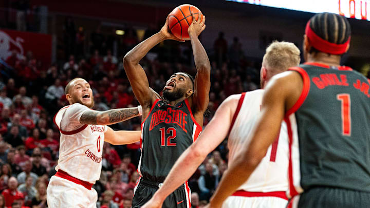 Jan 23, 2024; Lincoln, Nebraska, USA; Ohio State Buckeyes guard Evan Mahaffey (12) shoots the ball