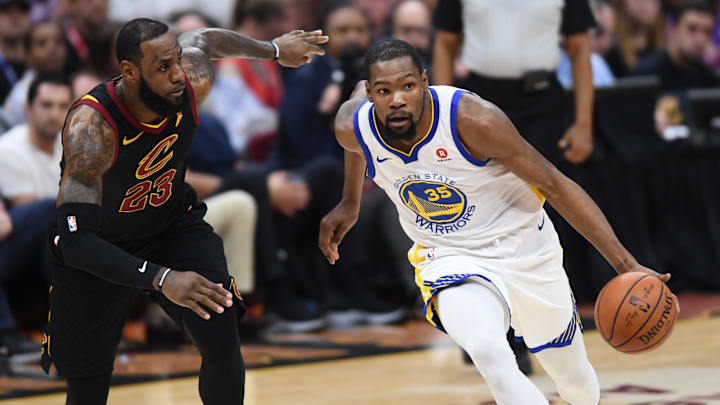 Jun 8, 2018; Cleveland, OH, USA; Golden State Warriors forward Kevin Durant (35) dribbles against