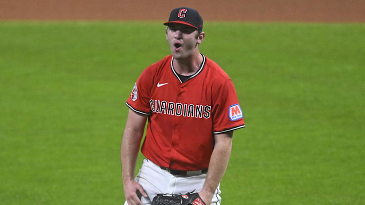 Sep 23, 2025; Cleveland, Ohio, USA; Cleveland Guardians starting pitcher Gavin Williams (32) reacts at the end of the fourth inning against the Detroit Tigers at Progressive Field. Mandatory Credit: David Richard-Imagn Images