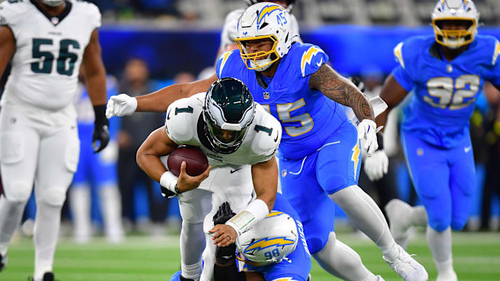 Jalen Hurts had trouble taking care of the football in a Monday night loss to the Chargers.