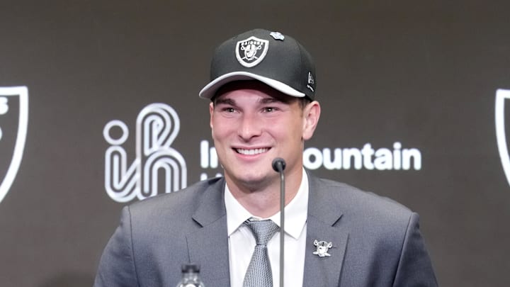 Apr 24, 2026; Henderson, NV, USA; Las Vegas Raiders quarterback Fernando Mendoza speaks at introductory press conference at Intermountain Health Performance Center after being selected as the No. 1 pick in the 2026 NFL Draft. Mandatory Credit: Kirby Lee-Imagn Images