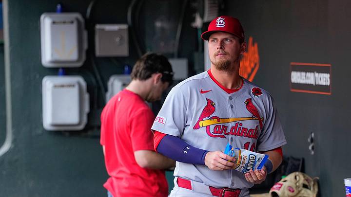 May 26, 2025; Baltimore, Maryland, USA; St. Louis Cardinals third baseman Nolan Gorman (16) prior to the game against the Baltimore Orioles at Oriole Park at Camden Yards. Mandatory Credit: Gregory Fisher-Imagn Images