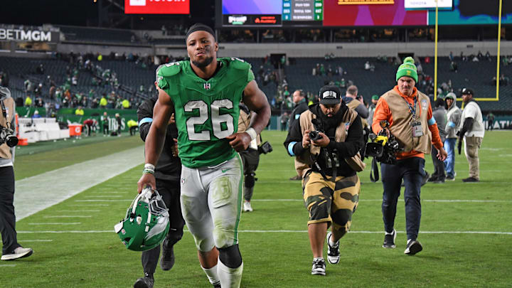Nov 3, 2024; Philadelphia, Pennsylvania, USA; Philadelphia Eagles running back Saquon Barkley (26) walks off the field after win against the Jacksonville Jaguars at Lincoln Financial Field. Nov 3, 2024; Philadelphia, Pennsylvania, USA; Philadelphia Eagles running back Saquon Barkley (26) walks off the field after win against the Jacksonville Jaguars at Lincoln Financial Field.