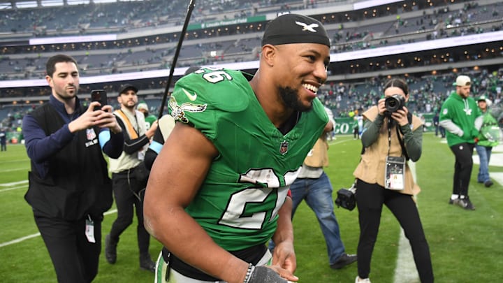 Dec 29, 2024; Philadelphia, Pennsylvania, USA; Philadelphia Eagles running back Saquon Barkley (26) runs off the field after win against the Dallas Cowboys at Lincoln Financial Field. Mandatory Credit: Eric Hartline-Imagn Images