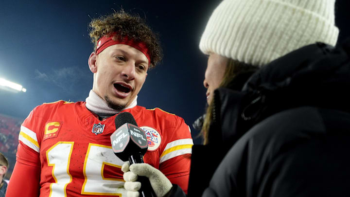 Jan 18, 2025; Kansas City, Missouri, USA; Kansas City Chiefs quarterback Patrick Mahomes (15) is interviewed after defeating the Houston Texans in a 2025 AFC divisional round game at GEHA Field at Arrowhead Stadium. Mandatory Credit: Jay Biggerstaff-Imagn Images