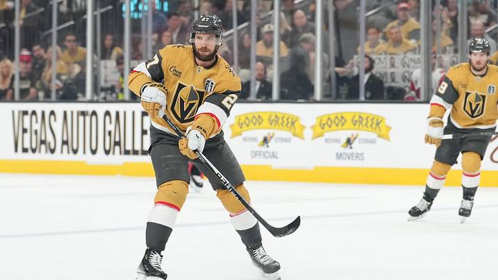 Jun 9, 2026; Las Vegas, Nevada, USA; Vegas Golden Knights defenseman Shea Theodore (27) passes during the 1st period against the Carolina Hurricanes in game four of the 2026 Stanley Cup Final at T-Mobile Arena. Mandatory Credit: Lucas Peltier-Imagn Images Jun 9, 2026; Las Vegas, Nevada, USA; Vegas Golden Knights defenseman Shea Theodore (27) passes during the 1st period against the Carolina Hurricanes in game four of the 2026 Stanley Cup Final at T-Mobile Arena. Mandatory Credit: Lucas Peltier-Imagn Images