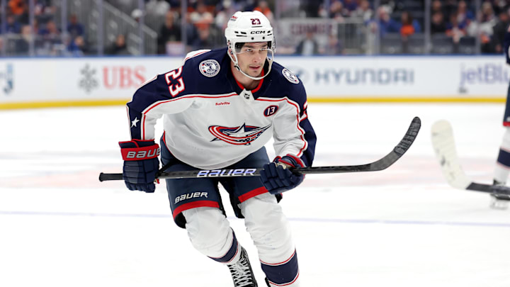 Columbus Blue Jackets center Sean Monahan skates against the New York Islanders.