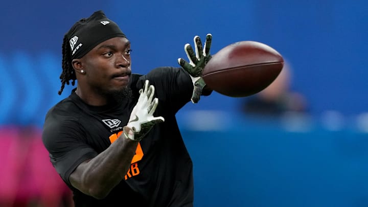 Feb 28, 2026; Indianapolis, IN, USA; Virginia running back J'Mari Taylor (RB19) during the NFL Scouting Combine at Lucas Oil Stadium. Mandatory Credit: Kirby Lee-Imagn Images