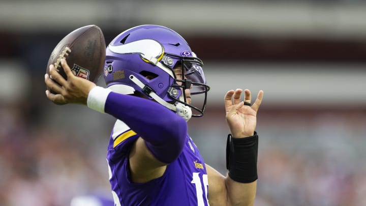 Aug 17, 2024; Cleveland, Ohio, USA; Minnesota Vikings quarterback Jaren Hall (16) throws the ball against the Cleveland Browns during the fourth quarter at Cleveland Browns Stadium. 