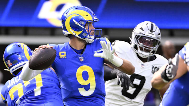 Oct 20, 2024; Inglewood, California, USA; Los Angeles Rams quarterback Matthew Stafford (9) throws a pass during the first half against the Las Vegas Raiders at SoFi Stadium. Mandatory Credit: Alex Gallardo-Imagn Images Oct 20, 2024; Inglewood, California, USA; Los Angeles Rams quarterback Matthew Stafford (9) throws a pass during the first half against the Las Vegas Raiders at SoFi Stadium. Mandatory Credit: Alex Gallardo-Imagn Images