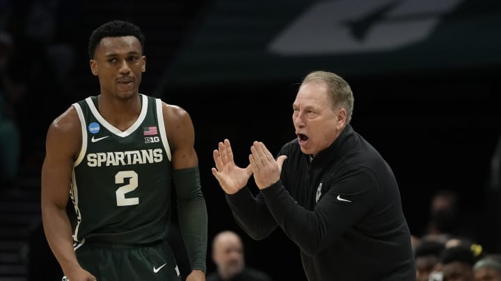 March 21, 2024, Charlotte, NC, USA; Michigan State Spartans head coach Tom Izzo reacts against the Mississippi State Bulldogs in the first round of the 2024 NCAA Tournament at the Spectrum Center. Mandatory Credit: Bob Donnan-USA TODAY Sports