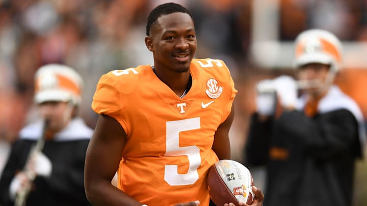 Tennessee quarterback Hendon Hooker carries the ball he was presented during a pregame ceremony recognizing the team's seniors before the game against Missouri on Nov. 12, 2022 in Knoxville, Tenn.
Syndication The Knoxville News Sentinel Tennessee quarterback Hendon Hooker carries the ball he was presented during a pregame ceremony recognizing the team's seniors before the game against Missouri on Nov. 12, 2022 in Knoxville, Tenn.
Syndication The Knoxville News Sentinel
