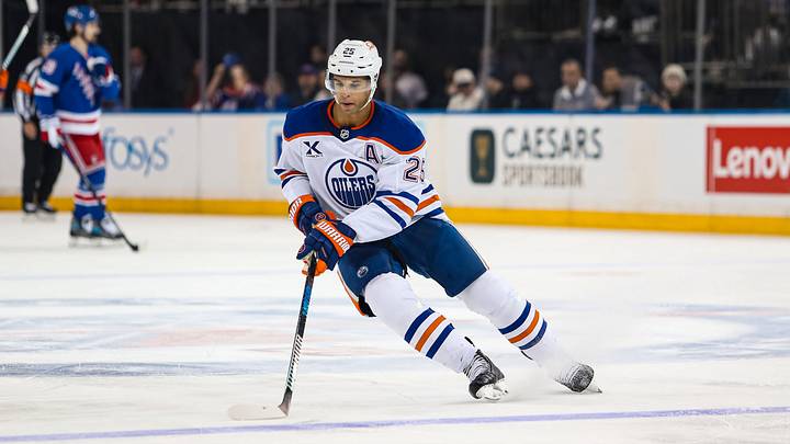 Mar 16, 2025; New York, New York, USA; Edmonton Oilers defenseman Darnell Nurse (25) skates against the New York Rangers during the second period at Madison Square Garden. Mandatory Credit: Danny Wild-Imagn Images