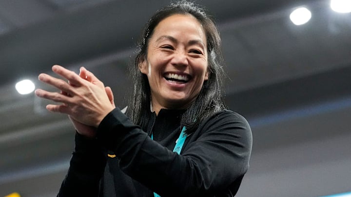 Iowa head coach Clarissa Chun reacts during a match at Day 1 of the National Collegiate Women's Wrestling Championship Friday, March 7, 2025 at Xtream Arena in Coralville, Iowa.