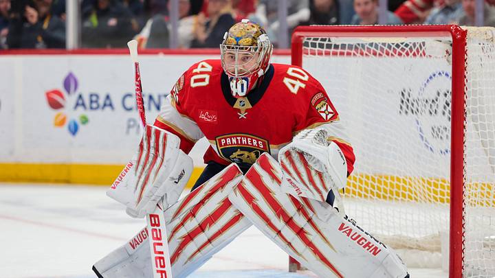 Apr 13, 2026; Sunrise, Florida, USA; Florida Panthers goaltender Daniil Tarasov (40) defends his net against the New York Rangers during the second period at Amerant Bank Arena. Mandatory Credit: Sam Navarro-Imagn Images