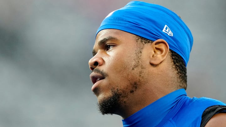 New York Giants linebacker Abdul Carter (51)l is shown during pregame practice, Thursday, August 21, 2025, in East Rutherford.