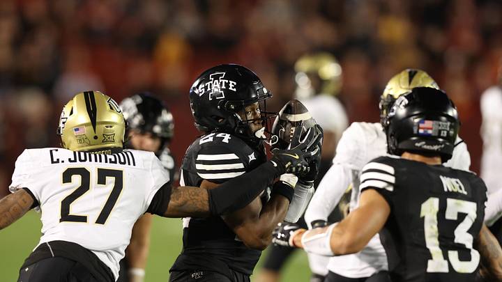 Iowa State's Abu Sama III (24) hauls in a pass during a win over UCF earlier this year.