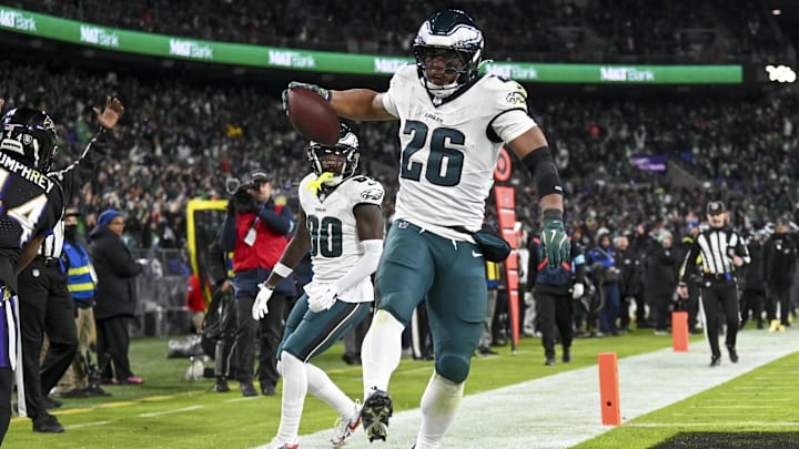 Philadelphia Eagles running back Saquon Barkley after scoring a touchdown against the Baltimore Ravens on Dec. 1, 2024.