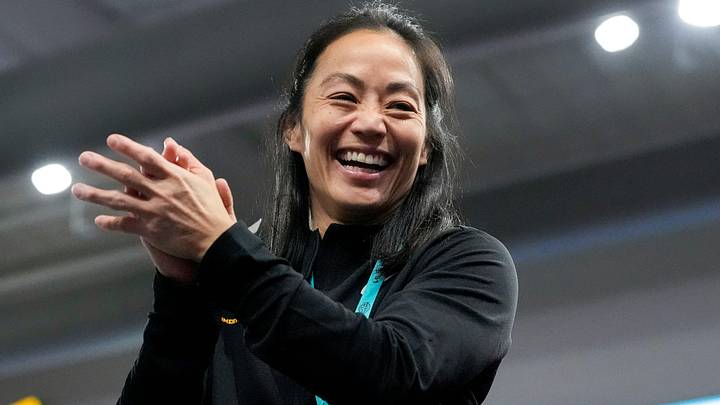 Iowa head coach Clarissa Chun reacts during a match at Day 1 of the National Collegiate Women's Wrestling Championship Friday, March 7, 2025 at Xtream Arena in Coralville, Iowa.