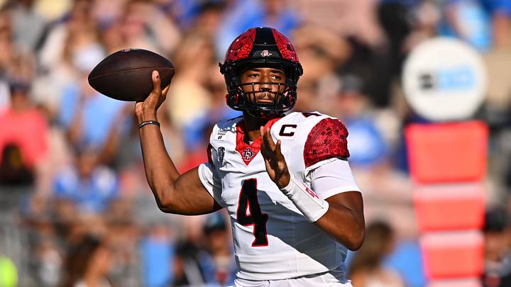 Sep 12, 2026; Pasadena, California, USA; San Diego State quarterback Jayden Denegal (4). Sep 12, 2026; Pasadena, California, USA; San Diego State quarterback Jayden Denegal (4).