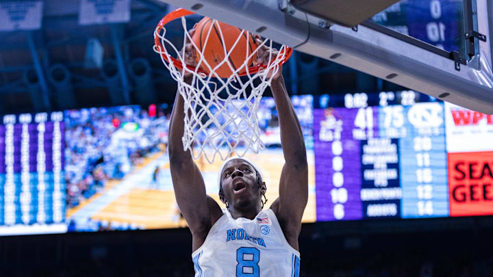 Dec 22, 2025; Chapel Hill, North Carolina, USA; North Carolina Tar Heels forward Caleb Wilson (8) dunks during the second half against the East Carolina Pirates at Dean E. Smith Center. Dec 22, 2025; Chapel Hill, North Carolina, USA; North Carolina Tar Heels forward Caleb Wilson (8) dunks during the second half against the East Carolina Pirates at Dean E. Smith Center.