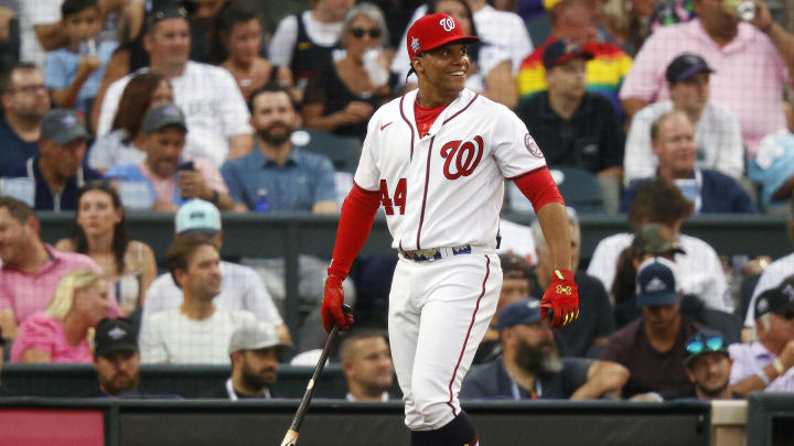 Jul 12, 2021; Denver, CO, USA; Washington Nationals right fielder Juan Soto reacts during the 2021 MLB Home Run Derby.