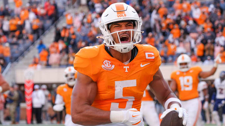 Tennessee wide receiver Bru McCoy (5) celebrates after scoring a touchdown during a NCAA football game between Tennessee and UTEP in Neyland Stadium on Saturday, November 23, 2024.
